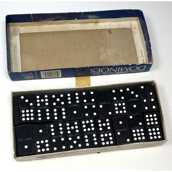 VTG Milton Bradley MB Wooden Dragon DOMINOES Double Nine 55pcs Black 4132 w/ Box - Picture 2 of 4